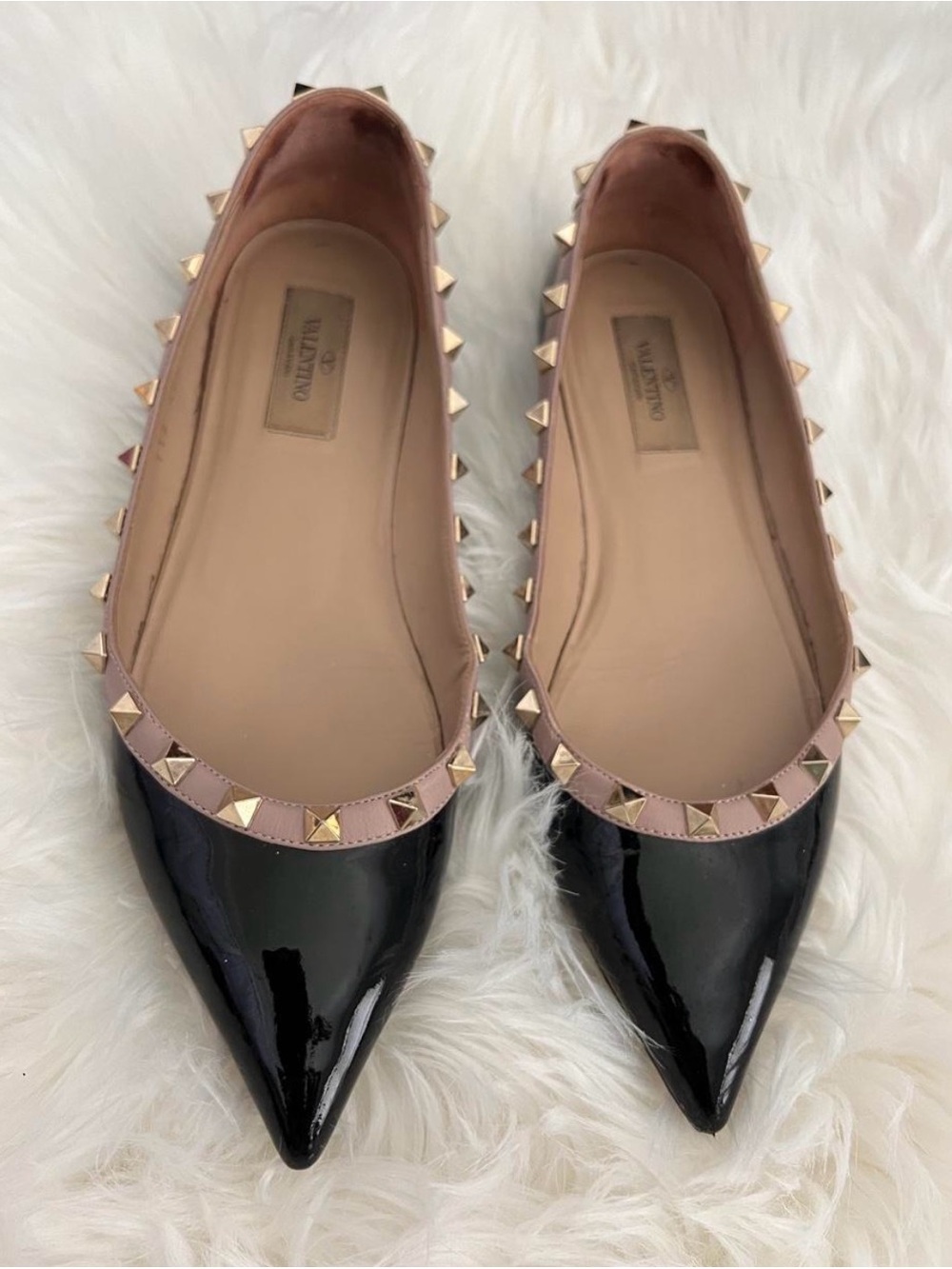 Valentino Black Patent Pointed Flats with Blush Rockstud Trim